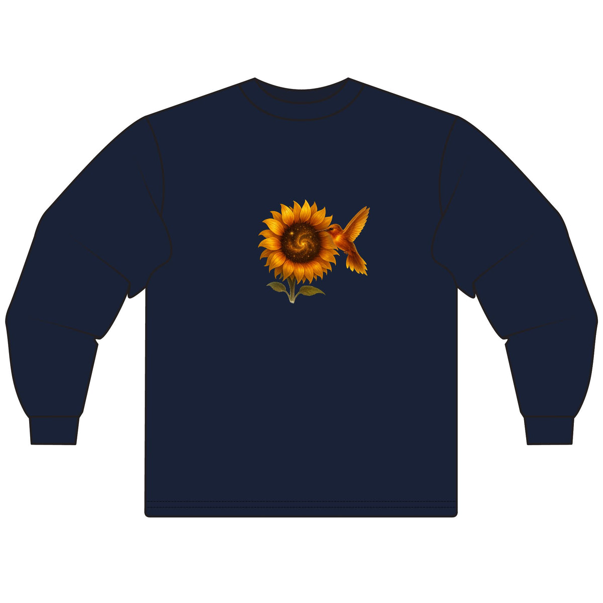 Gold-Cosmic-Sunflower-Hummingbird-Long Sleeve-T-shirt