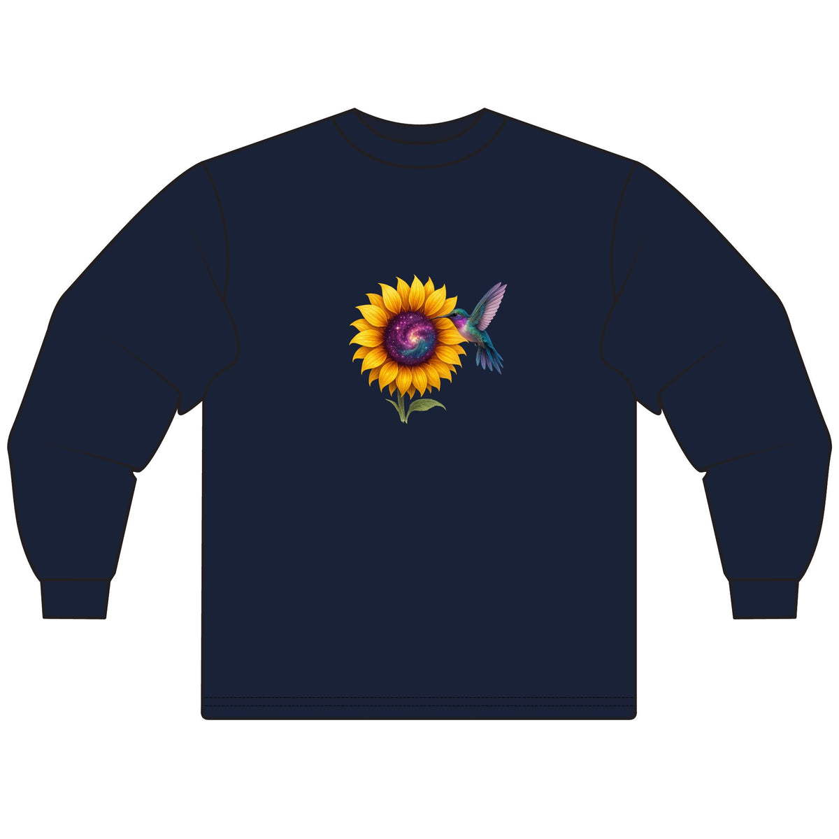 Cosmic-Purple-Hummingbird-Sunflower-Long Sleeve-T-shirt