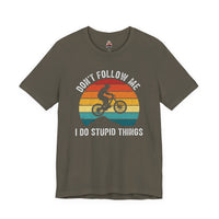 Load image into Gallery viewer, 🌅 Don’t Follow Me, I Do Stupid Things – Retro Mountain Biker Tee 🚵‍♂️😆